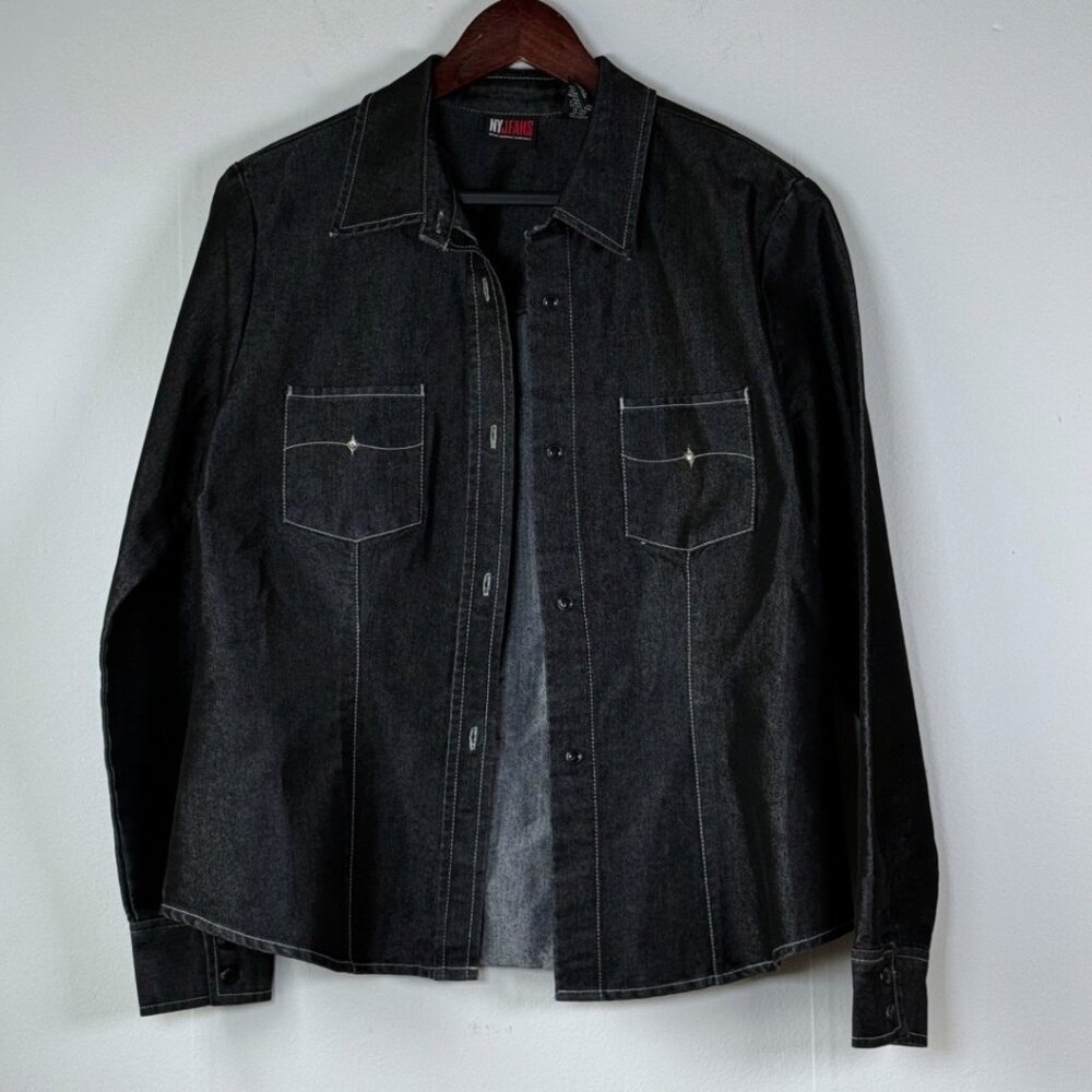 Vintage 90s Western Rancher Black Denim Jacket Shirt NY Jeans Large Streetwear
